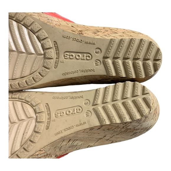 Crocs A-Leigh Women’s 8 Coral Leather Cork Wedge Slip-on Sandals  16205 - Picture 11 of 12